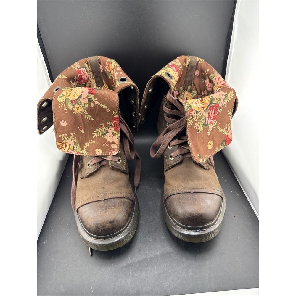 Dr Martens Triumph Floral Fold Down 12 Eye Combat Boots Brown Women's 10